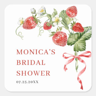 Trendy Watercolor Meadow Strawberry Bridal Shower Square Sticker