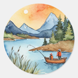 Trendy Watercolor mountain wooden fishing boat Classic Round Sticker
