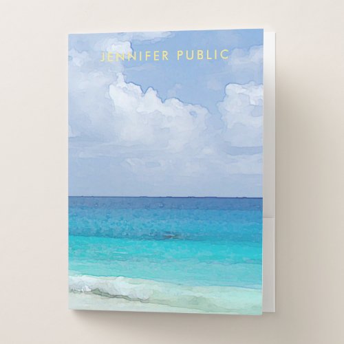 Trendy Watercolor Nature Sea Waves Clouds Template Pocket Folder