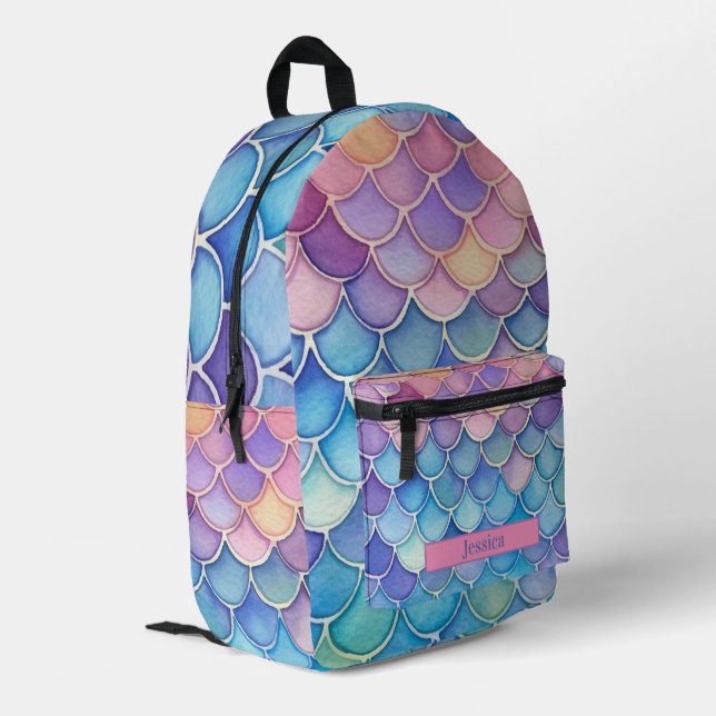 Trendy Watercolor Pastel Mermaid Scale  Printed Backpack (Back Corner Left)