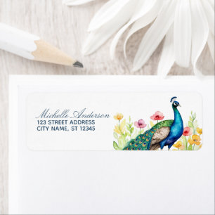 Trendy Watercolor Peacock Flowers Return Address   Label