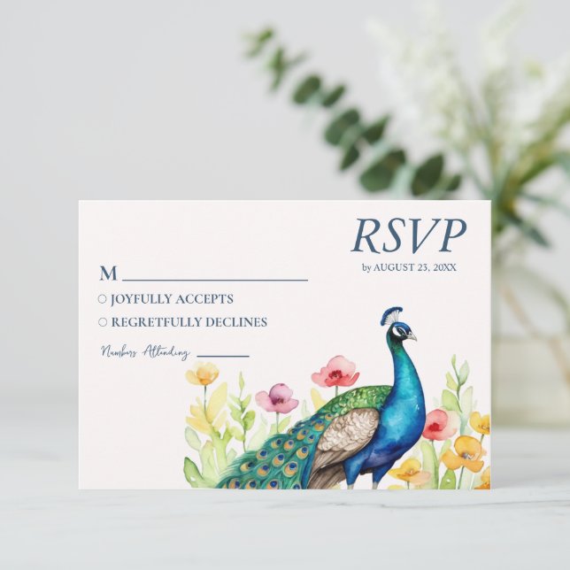Trendy Watercolor Peacock Flowers                  RSVP Card (Standing Front)