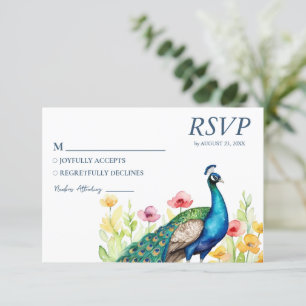 Trendy Watercolor Peacock Flowers RSVP Card