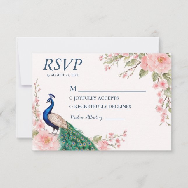 Trendy Watercolor Peacock Flowers                  RSVP Card (Front)