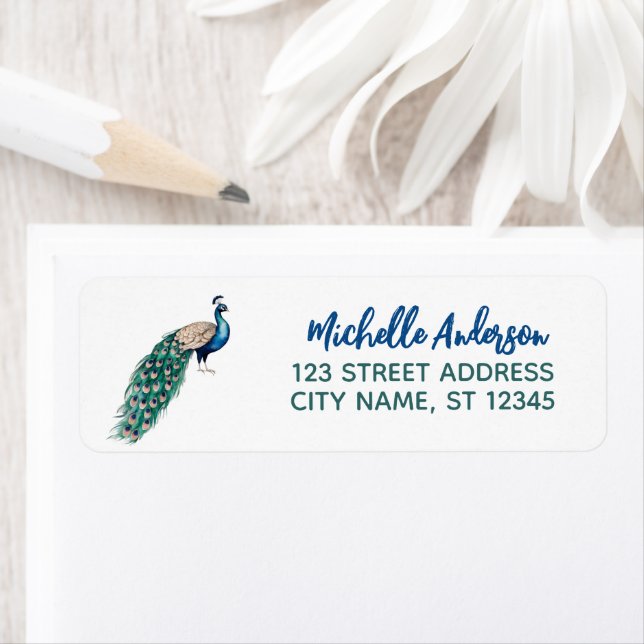 Trendy Watercolor Peacock  Return Address          Label (Insitu)