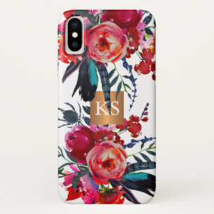 Trendy watercolor peonies metallic copper monogram iPhone x case