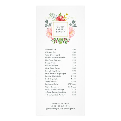 Trendy Watercolor Peony Flowers  Salon Price List Rack Card