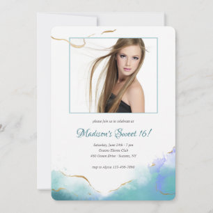 Trendy Watercolor Photo Sweet Sixteen Invitation