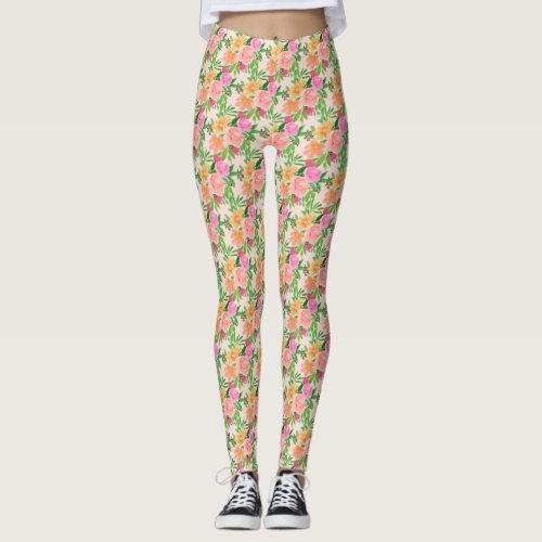 Trendy Watercolor Pink Flowers on Ivory Leggings