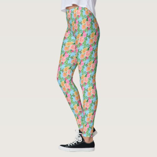 Trendy Watercolor Pink Flowers on Light Blue Leggings