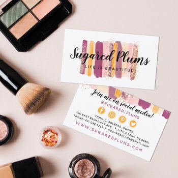 Trendy Watercolor Plum Purple & Gold Social Media Business Card by CyanSkyDesign at Zazzle