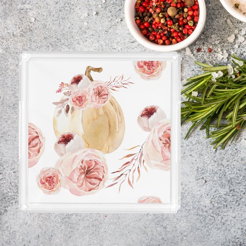 Trendy Watercolor Pumpkin  Flowers  Autumn Fall Acrylic Tray