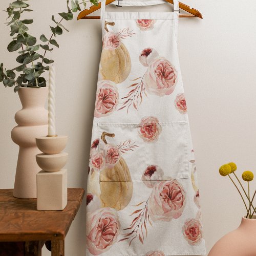 Trendy Watercolor Pumpkin  Flowers  Autumn Fall Apron