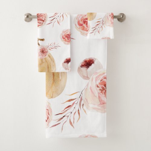 Trendy Watercolor Pumpkin  Flowers  Autumn Fall Bath Towel Set