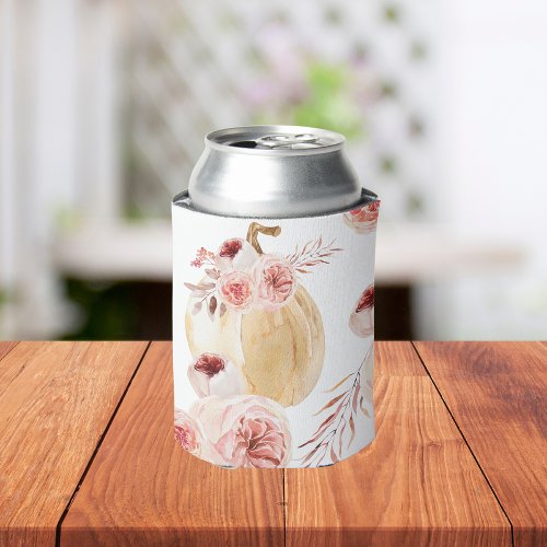 Trendy Watercolor Pumpkin  Flowers  Autumn Fall Can Cooler