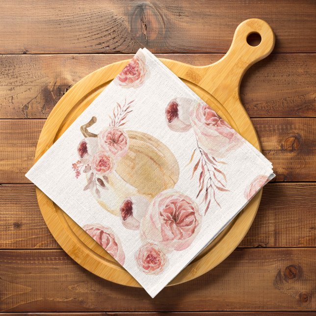 Trendy Watercolor Pumpkin & Flowers | Autumn Fall Cloth Napkin (Creator Uploaded)