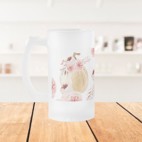 Trendy Watercolor Pumpkin  Flowers  Autumn Fall Frosted Glass Beer Mug