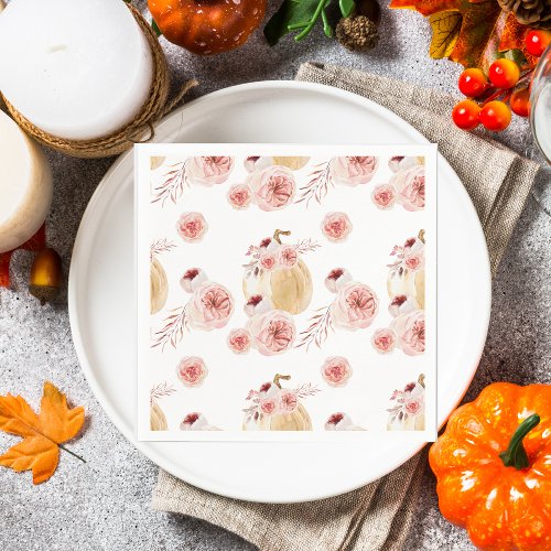 Trendy Watercolor Pumpkin  Flowers  Autumn Fall Napkins