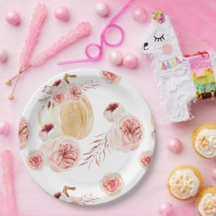 Trendy Watercolor Pumpkin & Flowers Autumn Fall Paper Plates