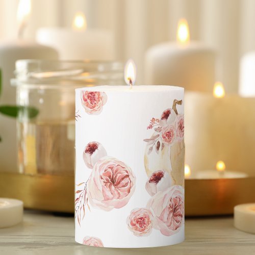 Trendy Watercolor Pumpkin  Flowers  Autumn Fall Pillar Candle