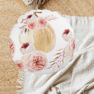 Trendy Watercolor Pumpkin & Flowers Autumn Fall Round Pillow
