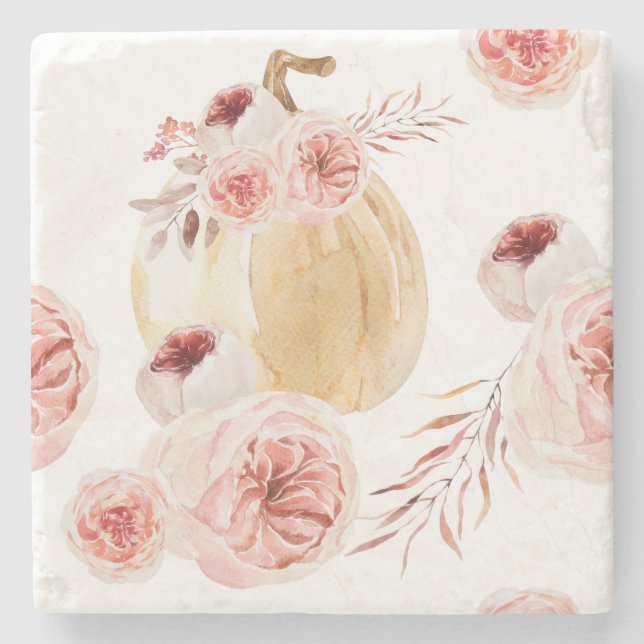 Trendy Watercolor Pumpkin & Flowers | Autumn Fall Stone Coaster (Front)