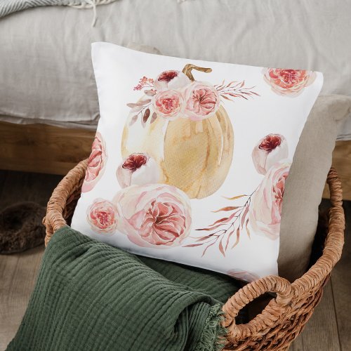 Trendy Watercolor Pumpkin  Flowers  Autumn Fall Throw Pillow