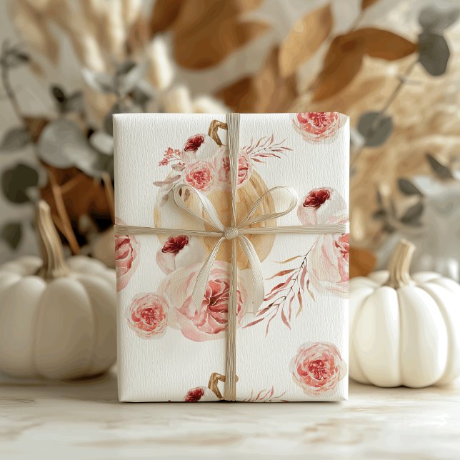 Trendy Watercolor Pumpkin & Flowers | Autumn Fall Wrapping Paper (Creator Uploaded)