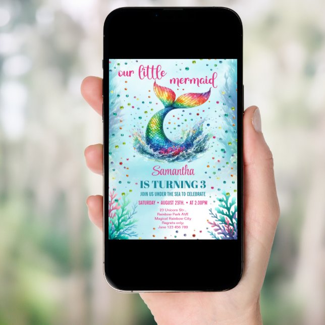 Trendy watercolor rainbow mermaid tail birthday invitation (Front Digital)