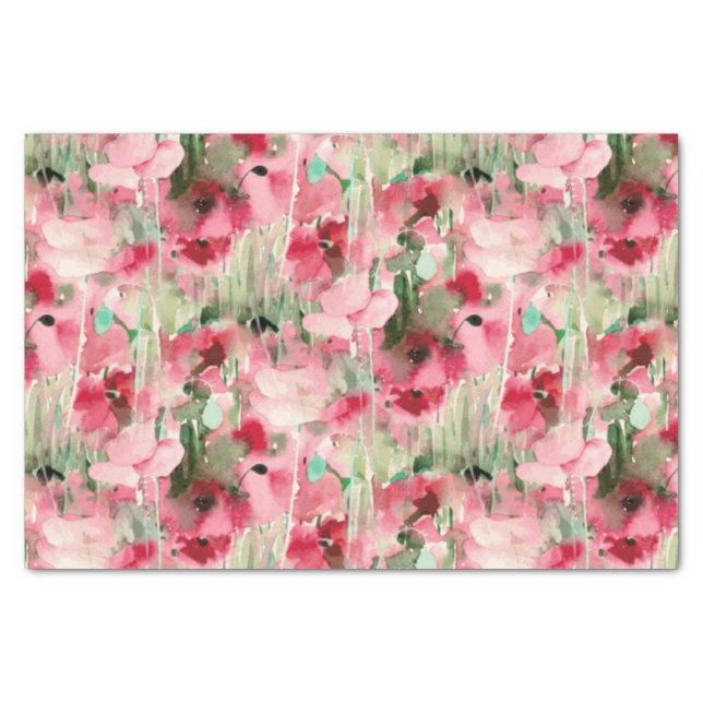 Trendy Watercolor Red and Pink Vintage Floral Tissue Paper (Front)