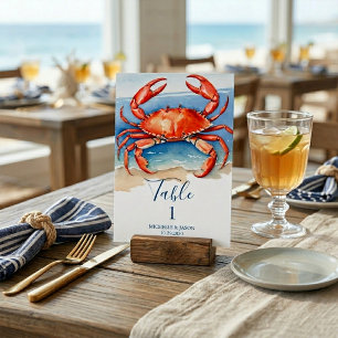 Trendy Watercolor Red Crab Nautical Table Number