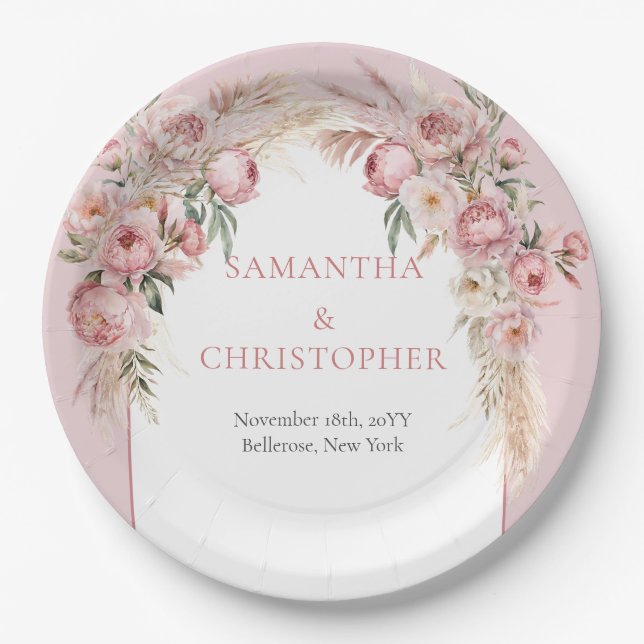Trendy watercolor Rose gold flowers pampas grass  Paper Plates (Front)