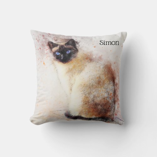 Trendy Watercolor Siamese Cat Personalized Throw Pillow