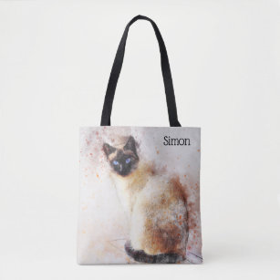 Trendy Watercolor Siamese Cat Personalized Tote Bag
