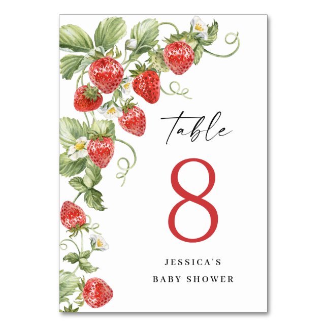 Trendy Watercolor Strawberry Baby Shower Table Number (Front)