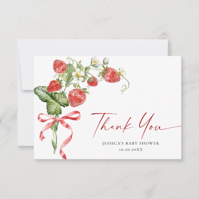 Trendy Watercolor Strawberry Baby Shower Thank You (Front)