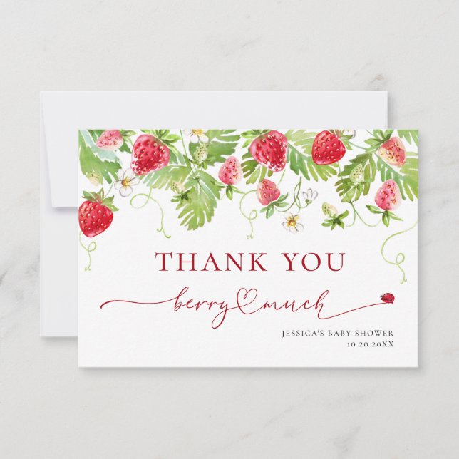 Trendy Watercolor Strawberry Baby Shower Thank You (Front)