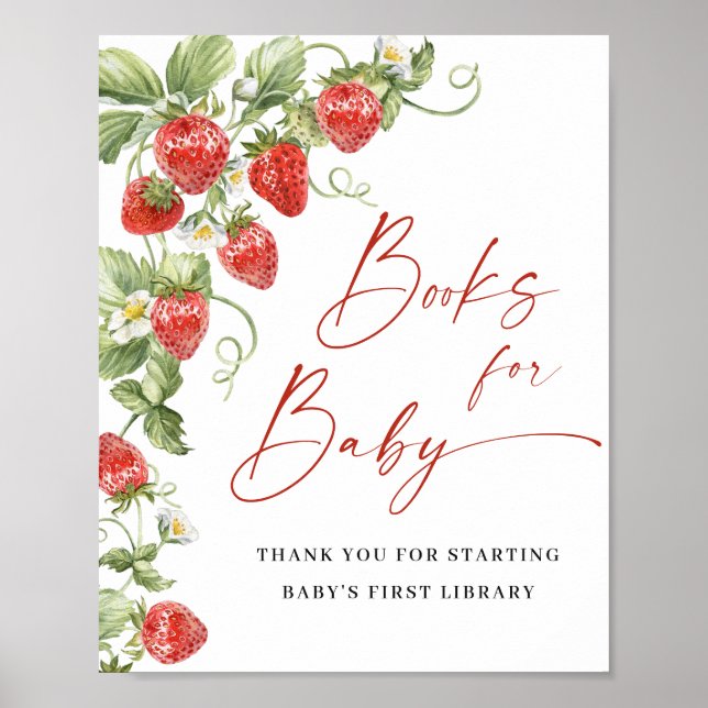 Trendy Watercolor Strawberry Books for Baby Shower Poster (Front)