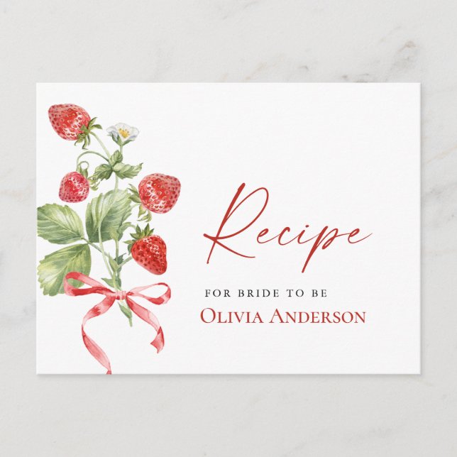 Trendy Watercolor Strawberry Bridal Recipe Card (Front)