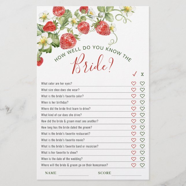 Trendy Watercolor Strawberry Bridal Shower Game (Front)
