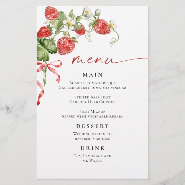 Trendy Watercolor Strawberry Bridal Shower Menu (Front)