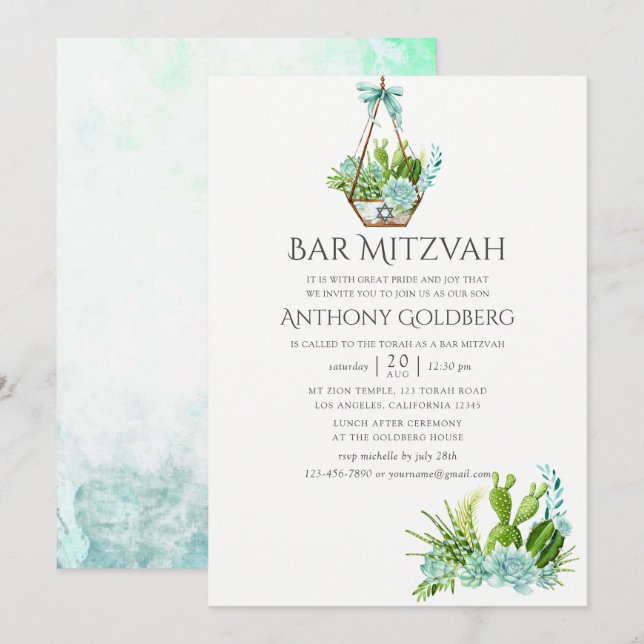 Trendy Watercolor Succulents Bar Mitzvah Invitation (Front/Back)