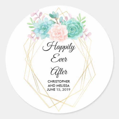 Trendy Watercolor Succulents Happily Ever After Classic Round Sticker