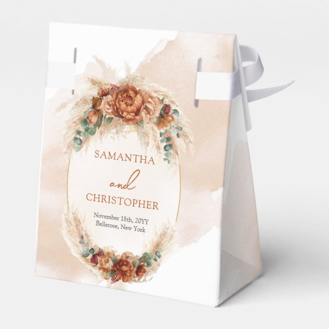 Trendy watercolor terracotta rusty burgundy pampas favor boxes (Back Side)