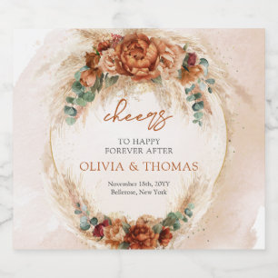 Trendy watercolor terracotta rusty burgundy pampas liquor bottle label