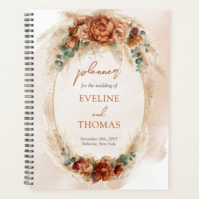 Trendy watercolor terracotta rusty burgundy pampas planner (Front)
