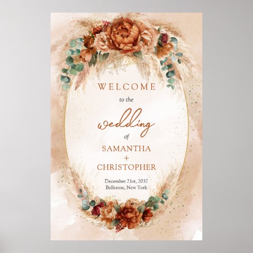 Trendy watercolor terracotta sage pampas Welcome Poster