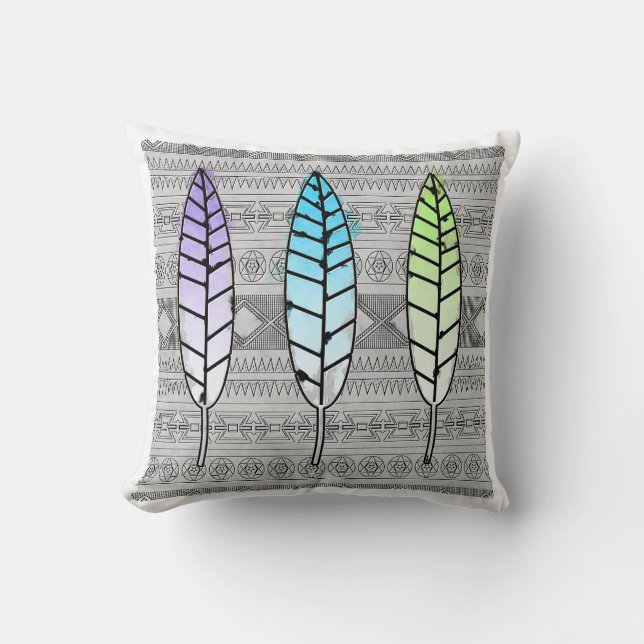 Trendy Watercolor Tribal Feather Pillow (Front)