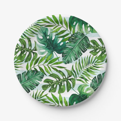 Trendy Watercolor Tropical Monstera  Palm Leaves Paper Plates