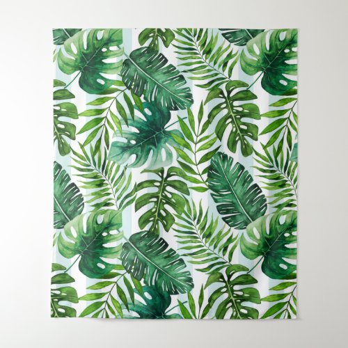 Trendy Watercolor Tropical Monstera  Palm Leaves Tapestry